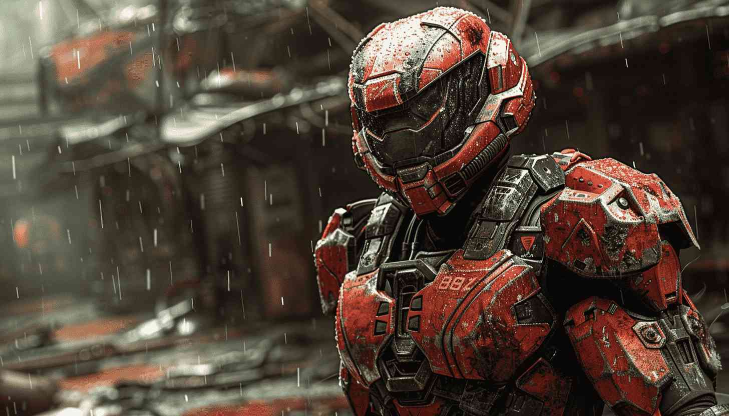 Red-Armored Space Soldier in Rain