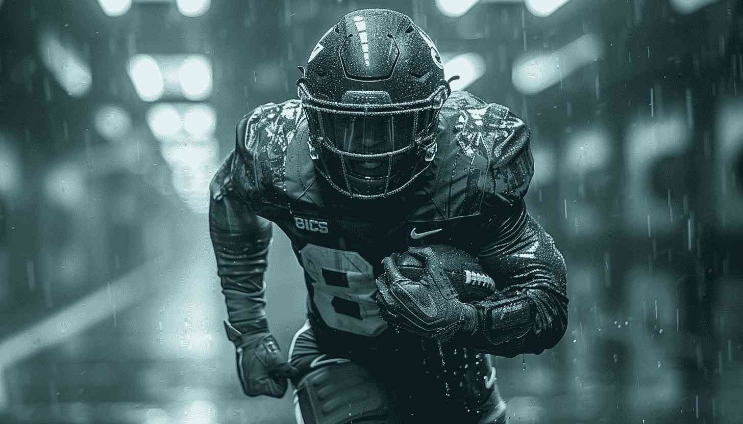 Football Player Running in Rain, Focused Determination
