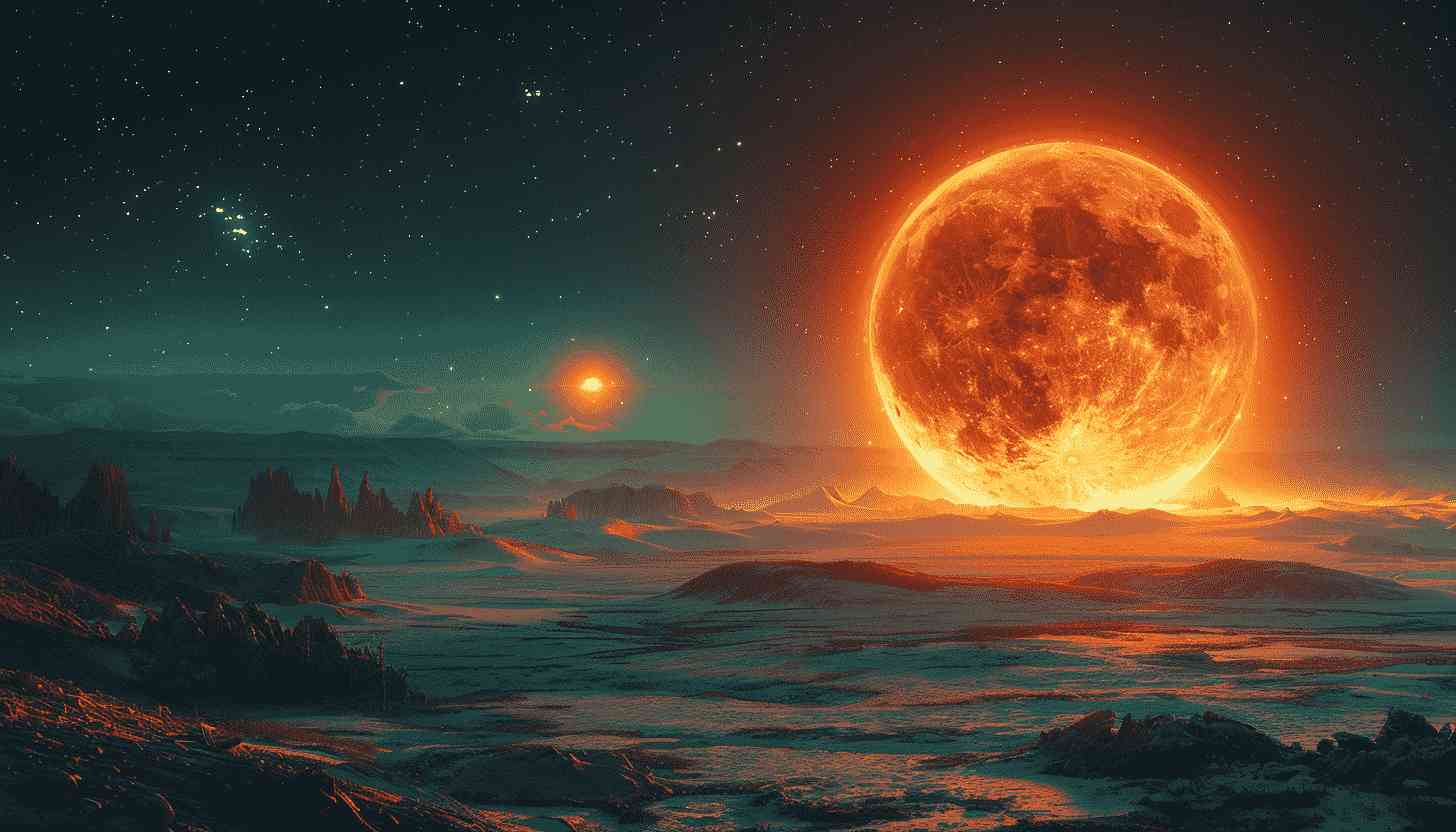 Fiery Red Moon Over Distant Alien Landscape