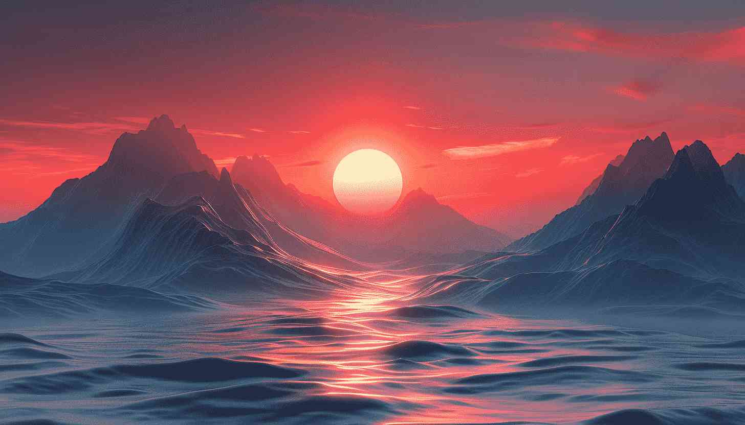 Red Sunset Over Mountains and Wavy Sea
