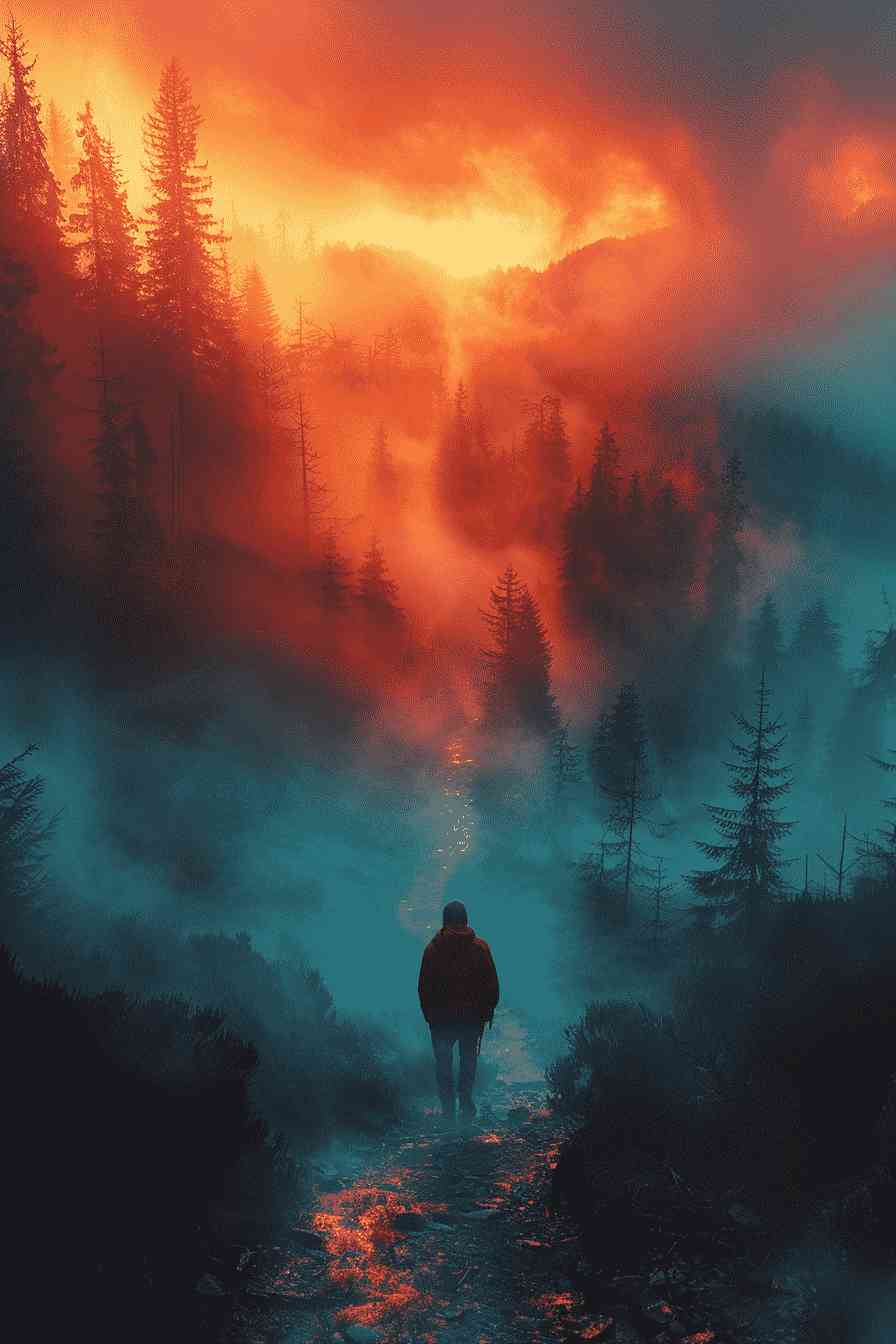 Mysterious Figure Walks Through Foggy Forest Path