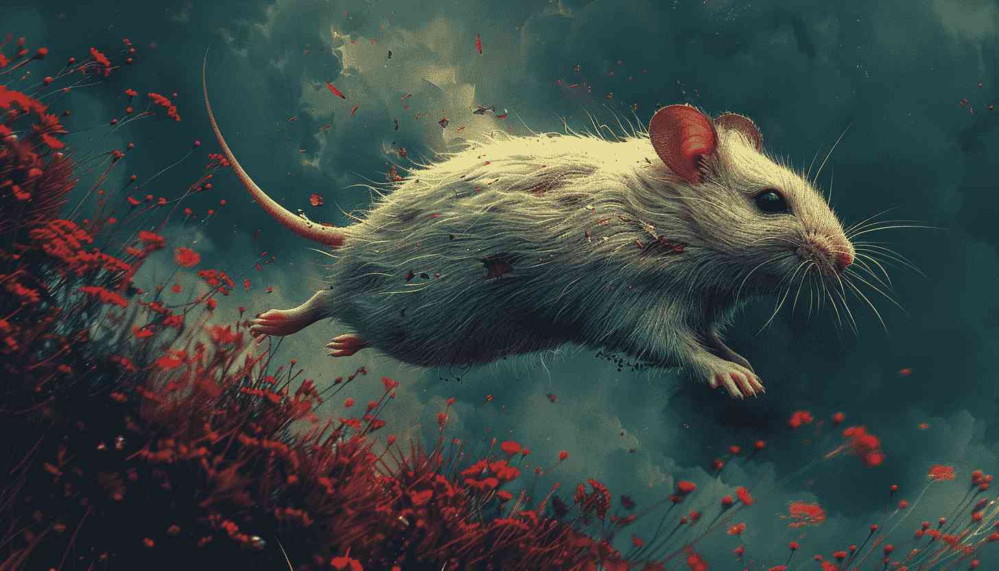 White Mouse Leaps Through Red Flowers and Clouds