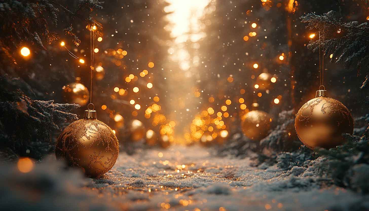 Golden Christmas Ornament Winter Forest Background Wallpaper
