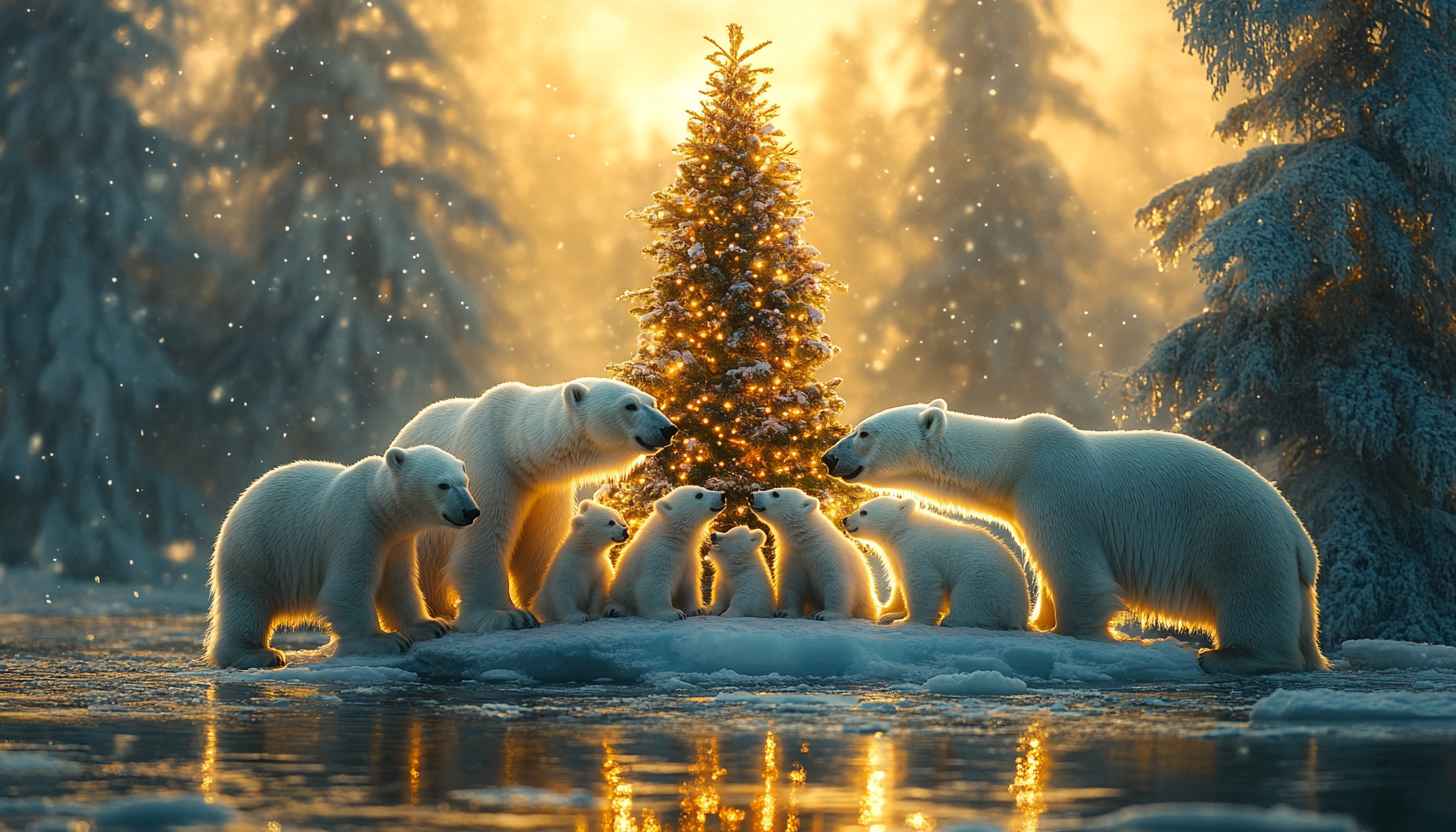 Polar Bear Family Christmas Tree Wallpaper - Winter Wonderland Background