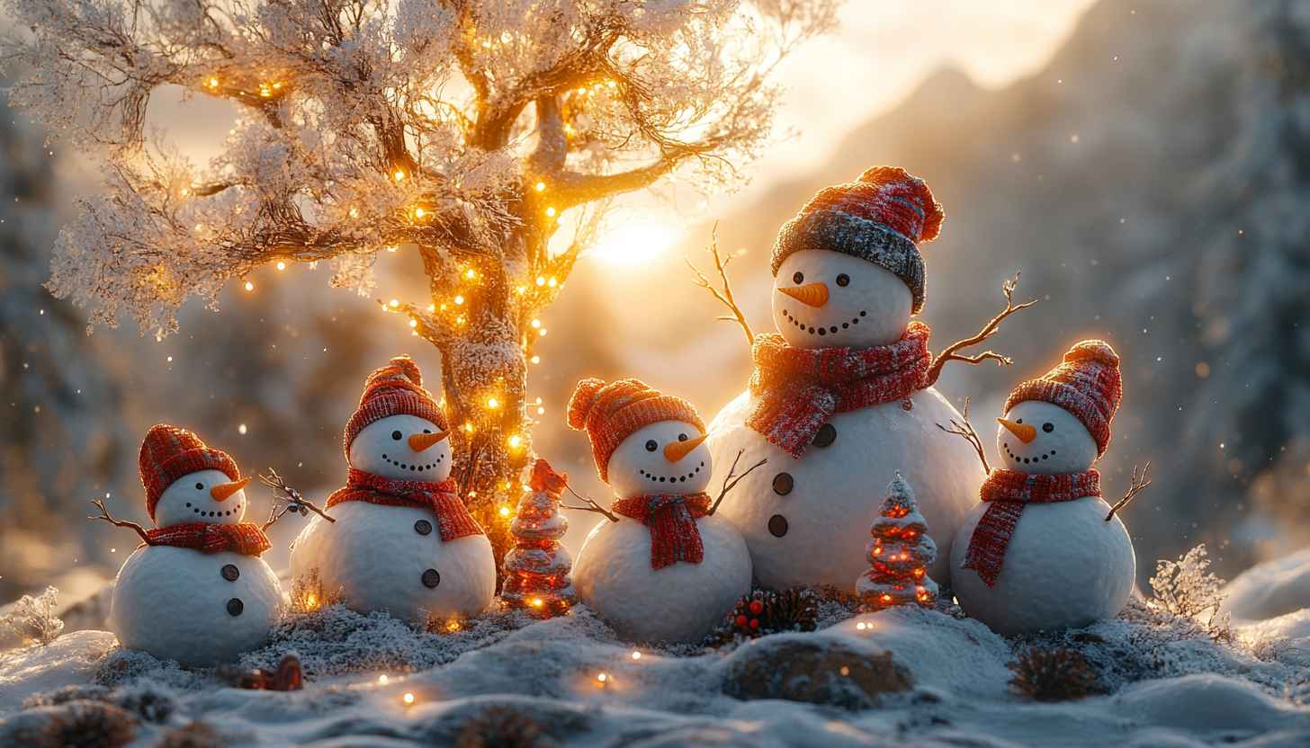 Snowman Family Christmas Lights Winter Wonderland Background