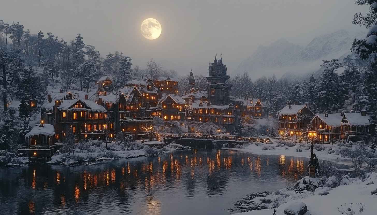 Winter Village Desktop Wallpaper: Snow, Lights, and a Full Moon
