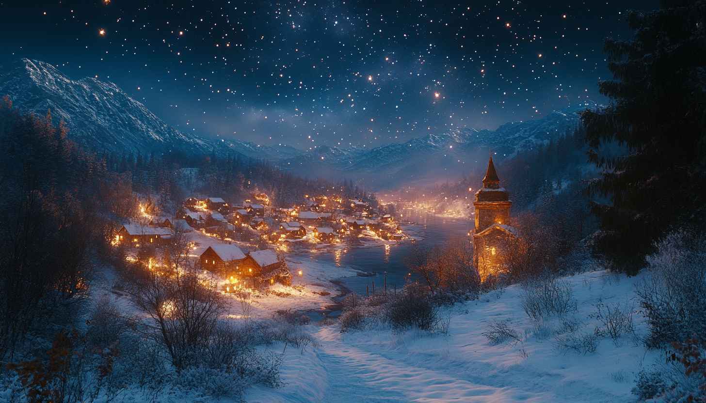 Snowy Village Night 4K Desktop Wallpaper - Winter Landscape Background