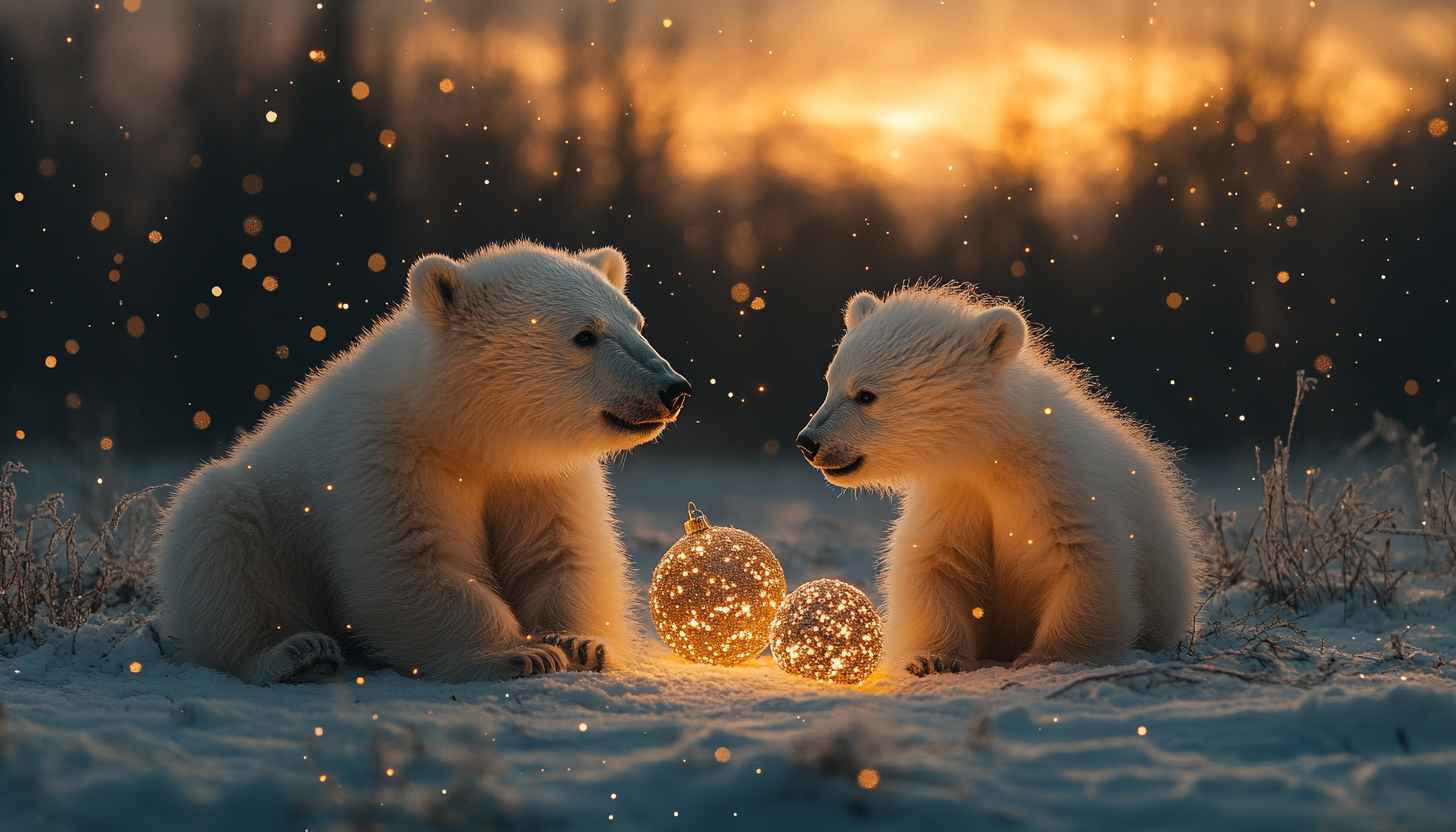 Polar Bear Cubs Christmas Lights Winter 4K 8K Wallpaper