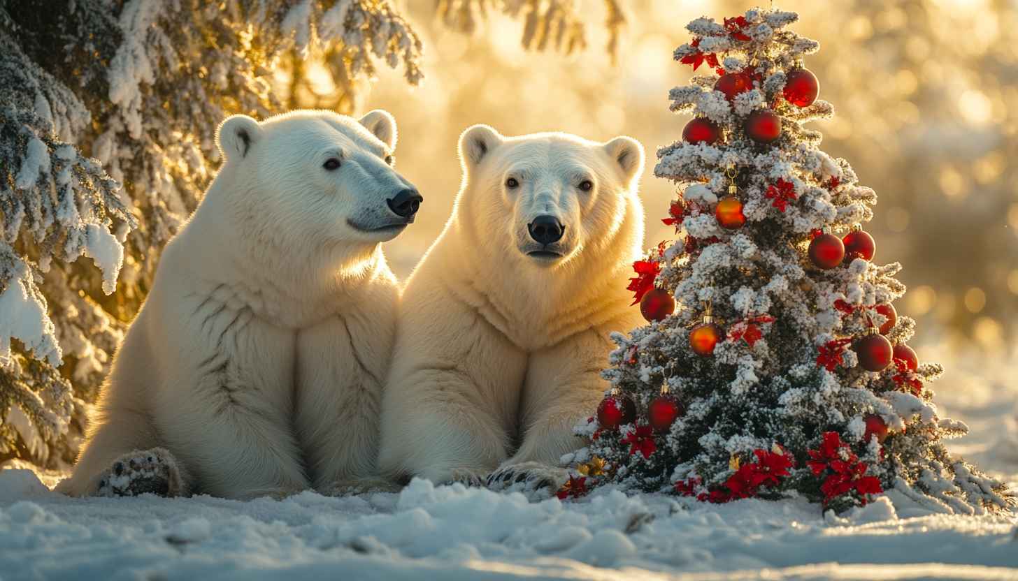 Polar Bear Christmas Tree Winter 4K HD Desktop Wallpaper