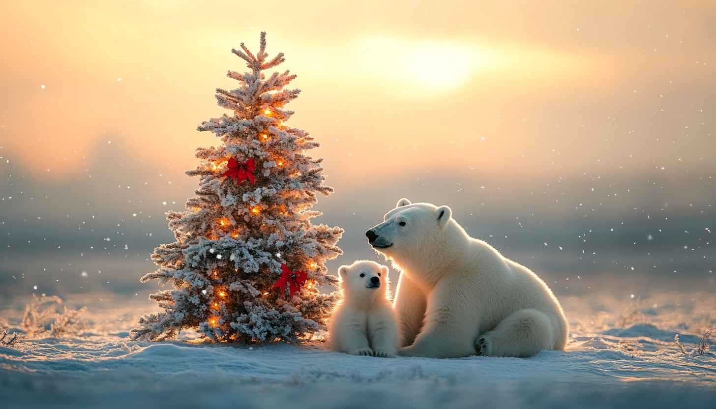 Polar Bear Christmas Tree 4K Wallpaper - Winter Wonderland Background