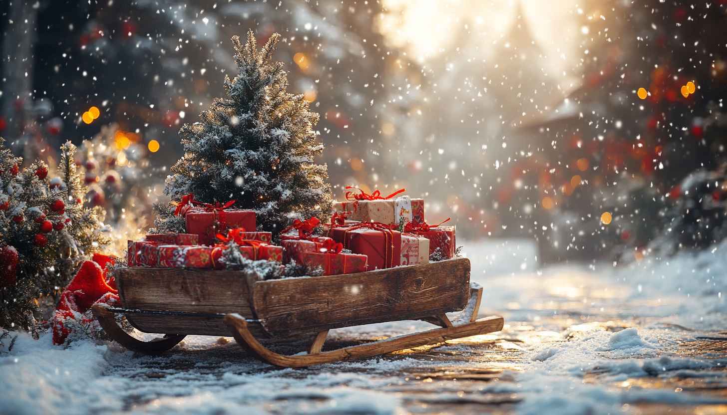 Christmas Tree with Gifts in Sleigh 4K Wallpaper for PC