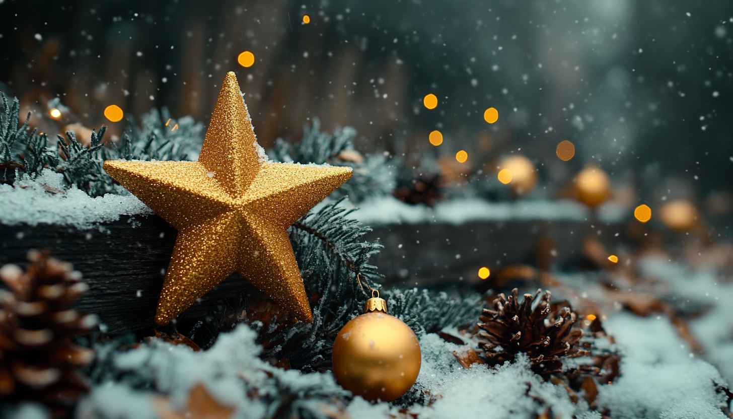 Golden Star Christmas Ornament Winter Snow 4K Desktop Wallpaper
