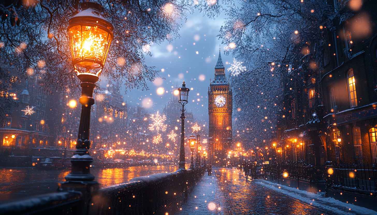 Snowy London Street with Big Ben and Christmas Lights - Winter Wallpaper