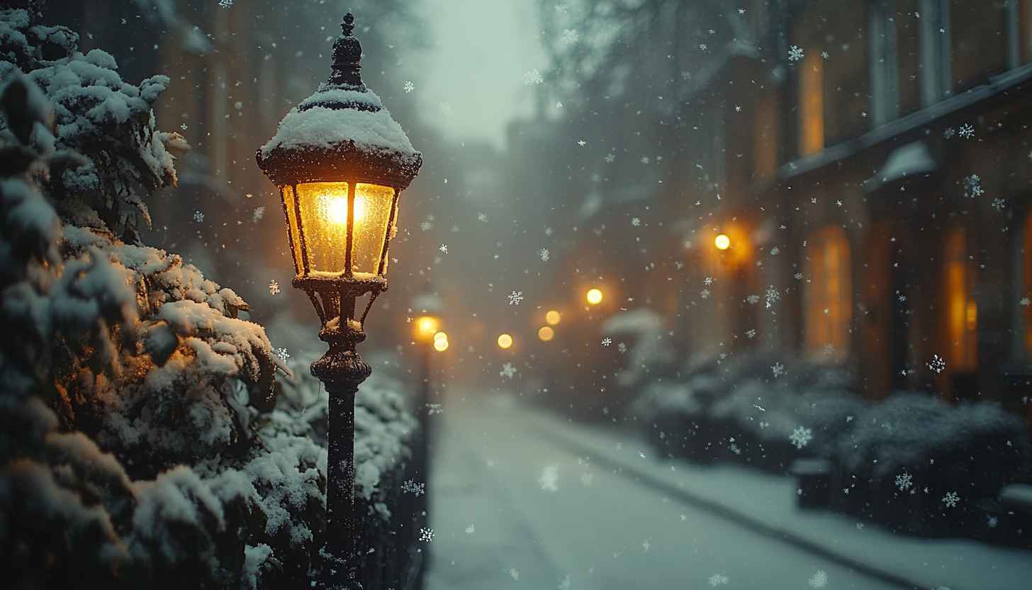 Snowy Street Lamp Nighttime Winter Background Wallpaper