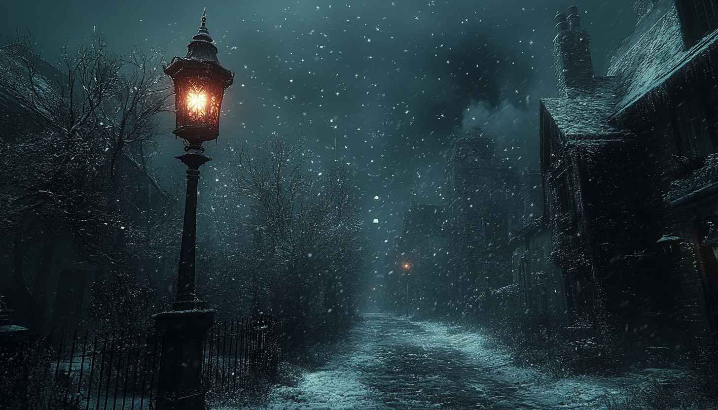 Dark & Snowy Night Street Lamp  - Winter Urban Landscape Wallpaper