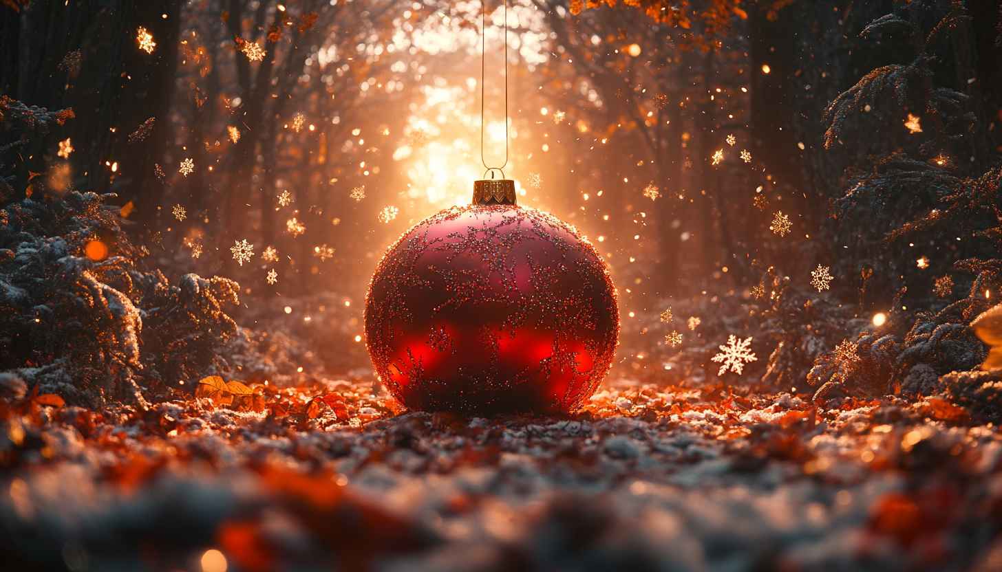 Red Christmas Ornament in Snowy Forest - Winter Wonderland Background