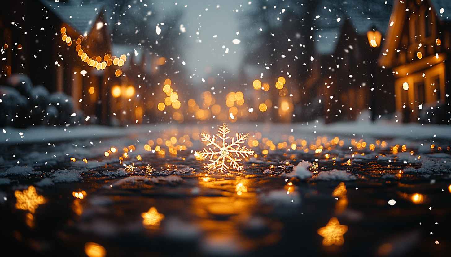 Snowy Winter Night Street Lights & Snowflake Background Wallpaper