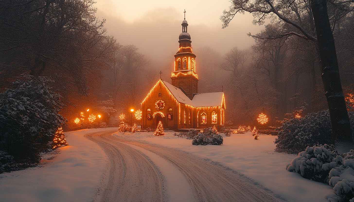 Snowy Church Christmas Lights Winter Wonderland Wallpaper Background