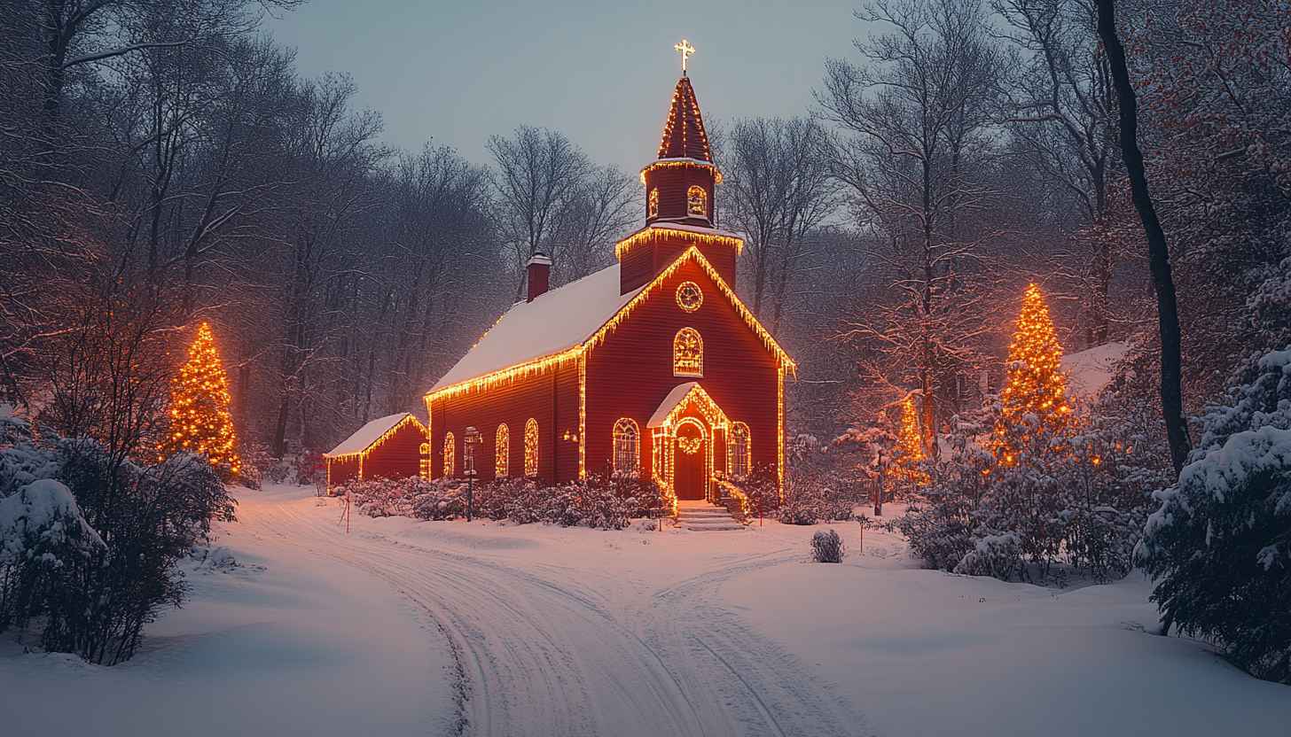 Snowy Church Christmas Lights Winter Wonderland Background Wallpaper