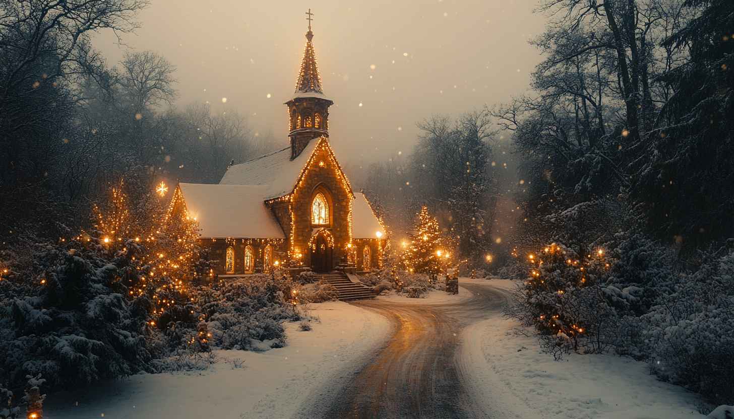 Snowy Church Christmas Lights Winter Wonderland Wallpaper