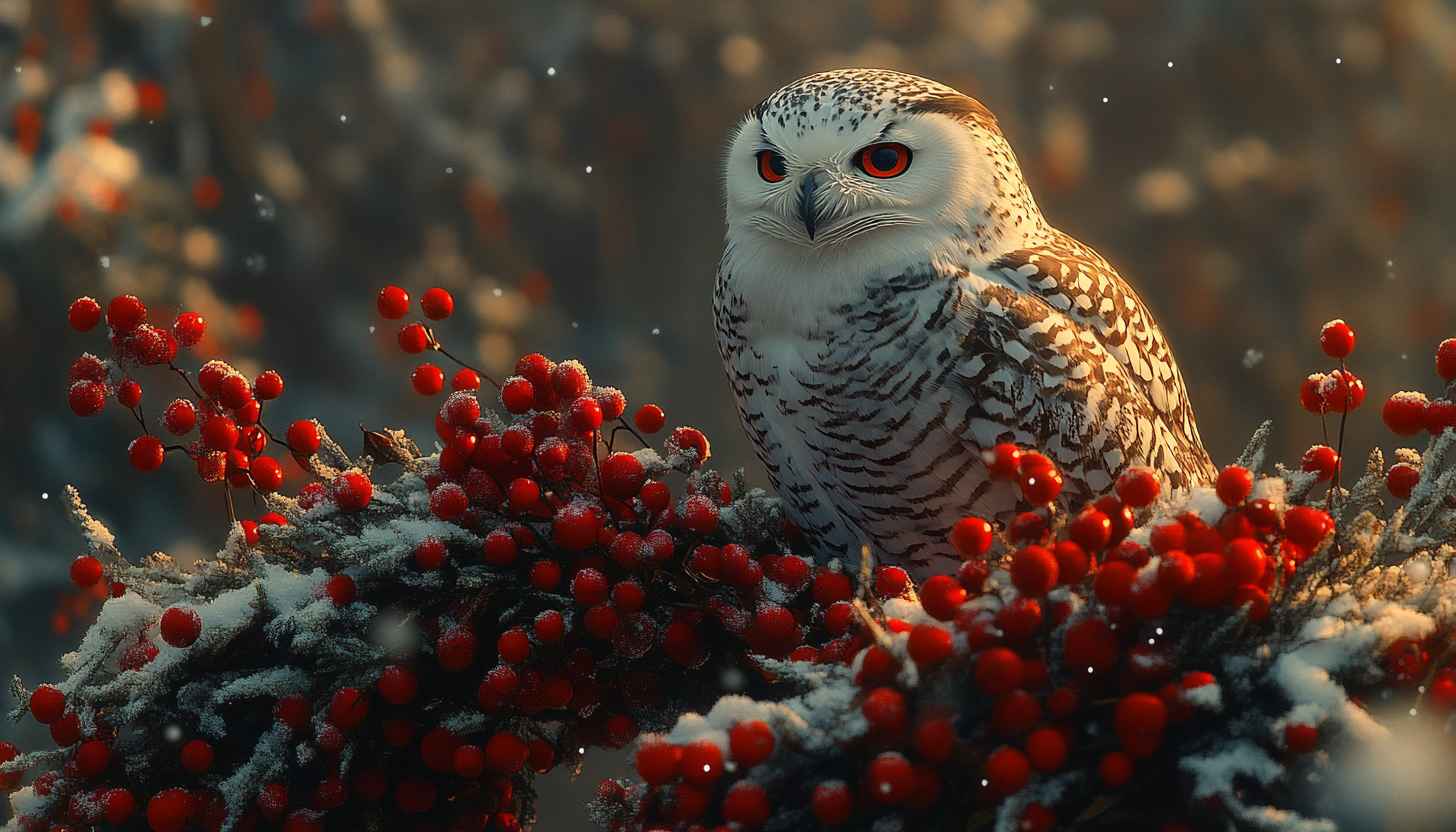 Snowy Owl on Winter Berries HD Phone Wallpaper