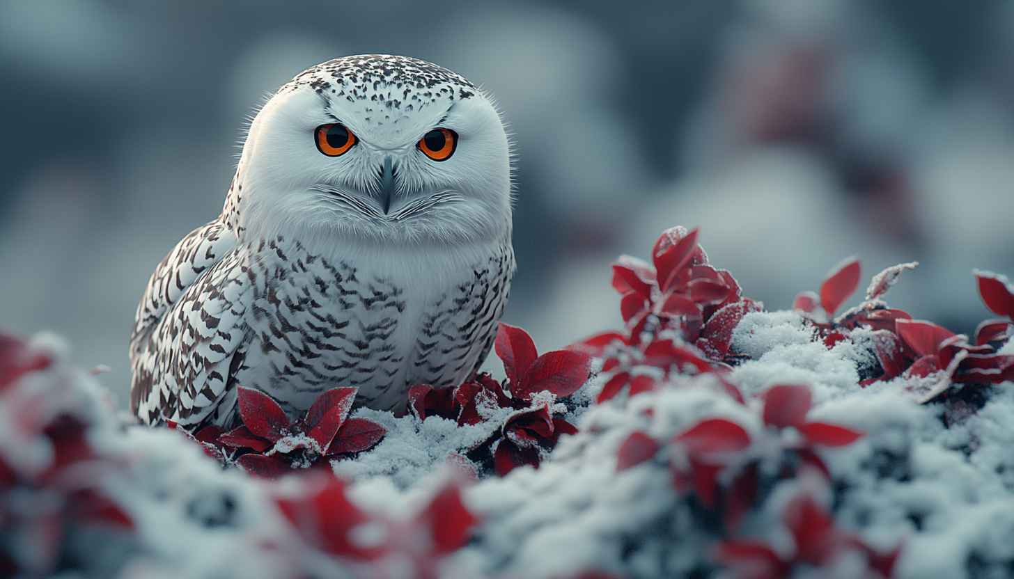 Snowy Owl in Red Leaves Winter Wallpaper - HD Nature Background