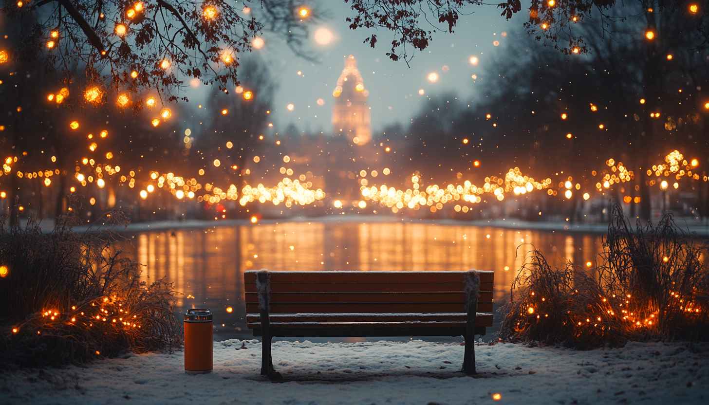 Winter Night Park Bench Lights Cityscape Wallpaper