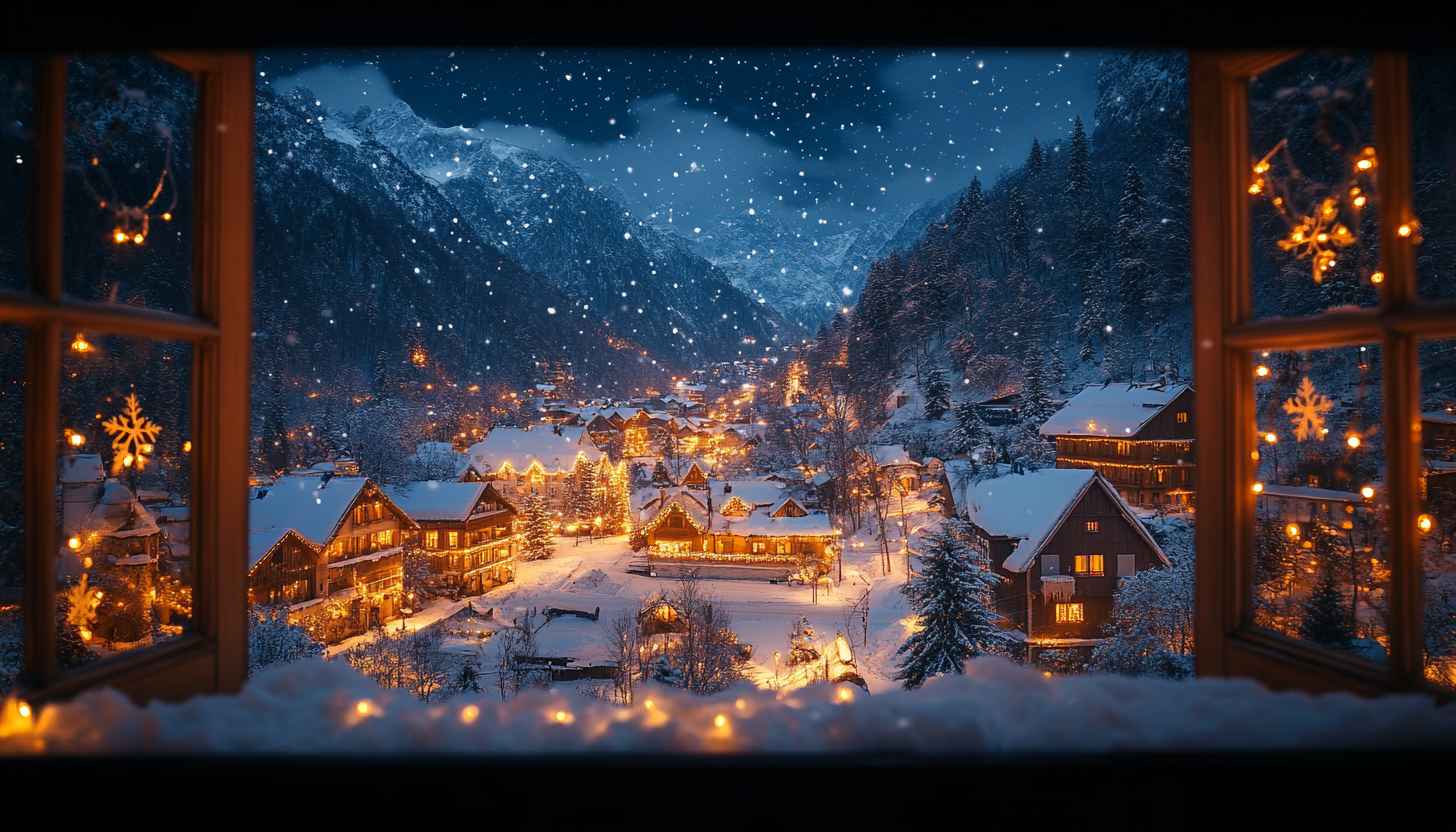 Snowy Village Winter Night Christmas Lights Background Wallpaper