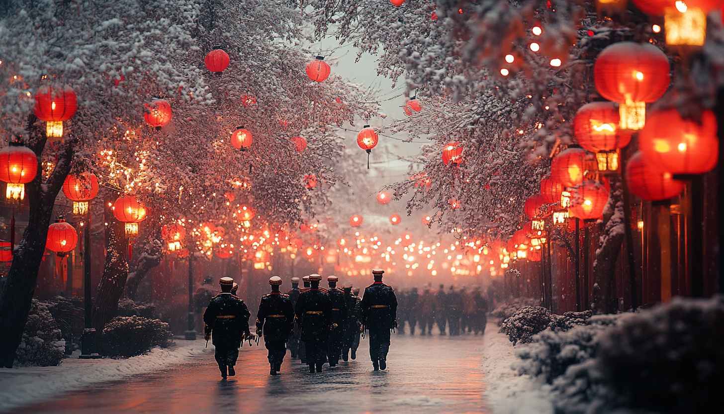 Snowy Street with Red Lanterns, Chinese New Year, Winter Wonderland, Asian Cityscape Background