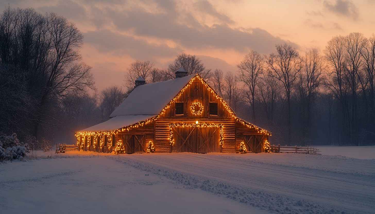 Snowy Winter Barn Decorated with Christmas Lights - Rustic Wallpaper