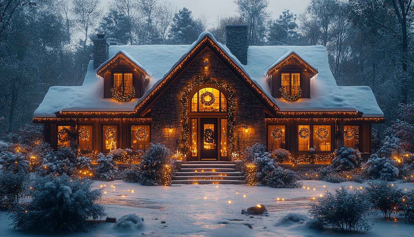 Cozy Winter Wonderland Cottage: Christmas Lights & Snow Covered Landscape Wallpaper