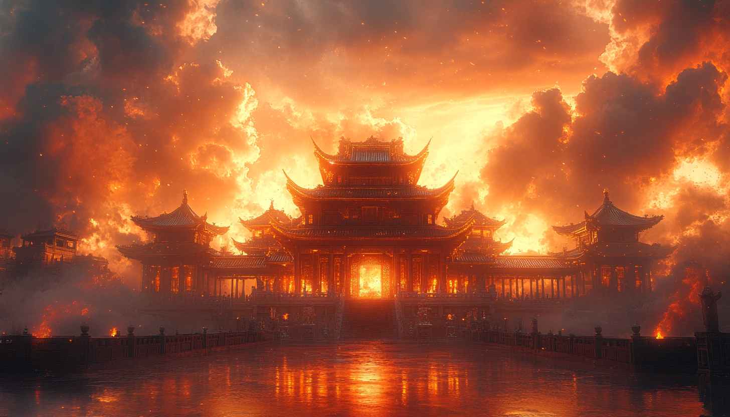 Fiery Asian Temple Wallpaper: Burning Pagoda Desktop Background