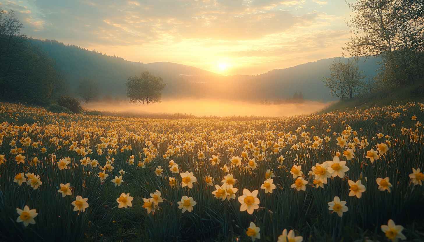 Sunrise Daffodil Field Wallpaper: Misty Mountain Landscape Background
