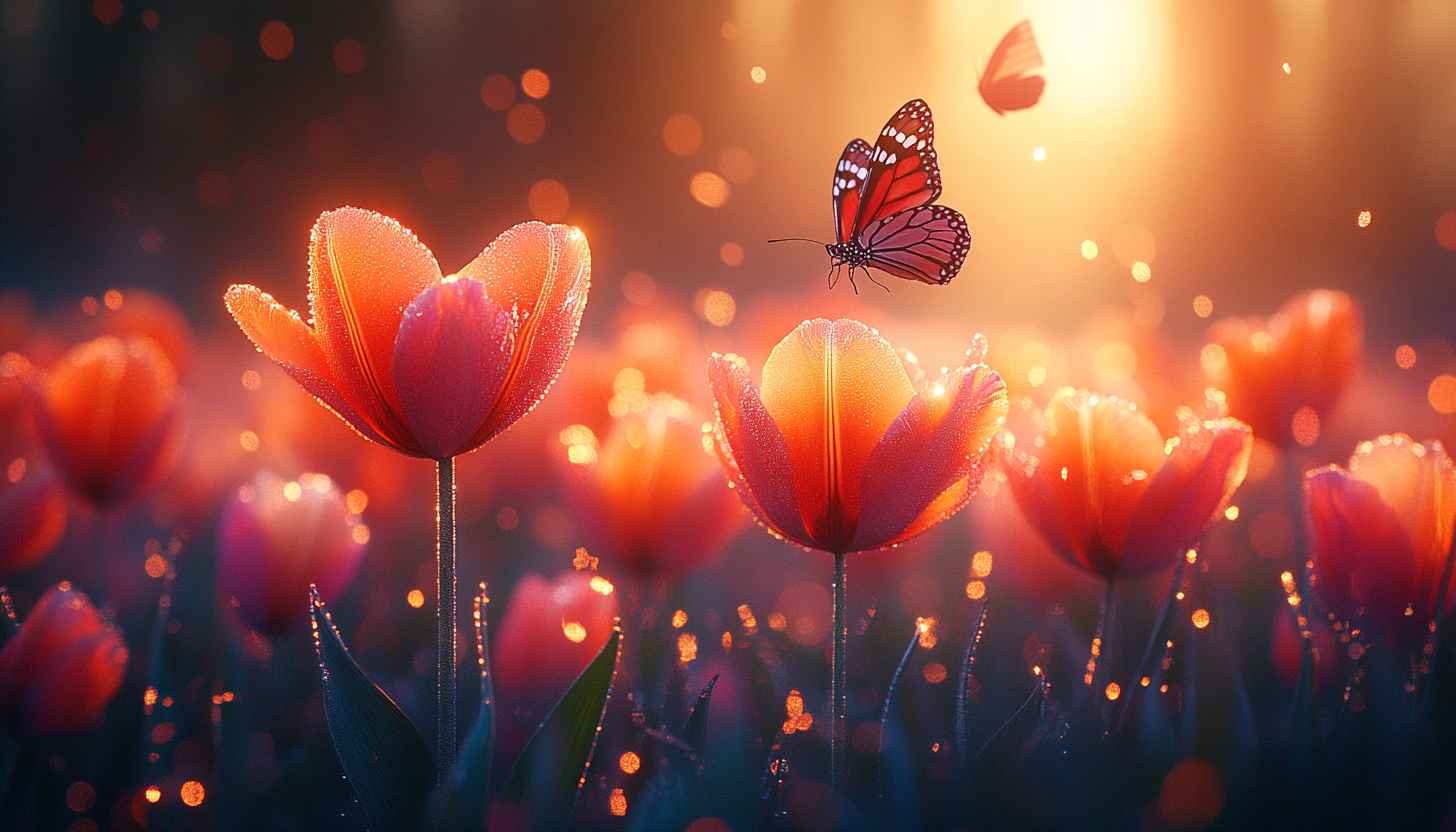 Orange Tulip Field Wallpaper: Sunrise Butterfly Scene