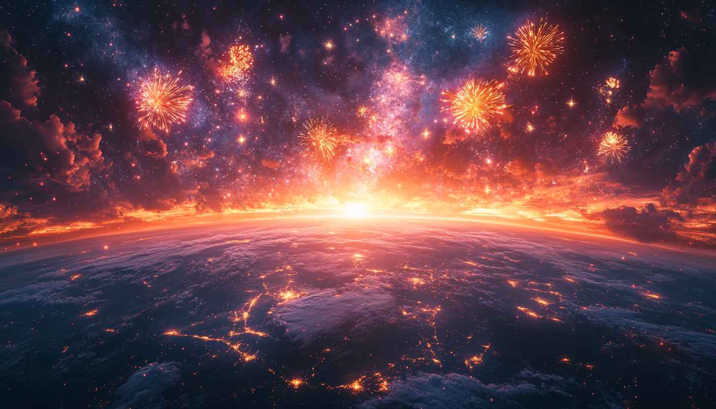 Cosmic Fireworks Wallpaper: Stunning Night Sky and Earth Background
