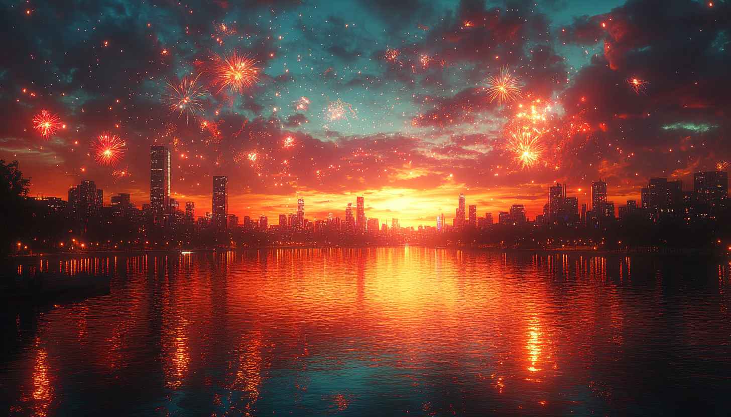 Stunning Cityscape Fireworks Wallpaper: 4K Sunset Night Background