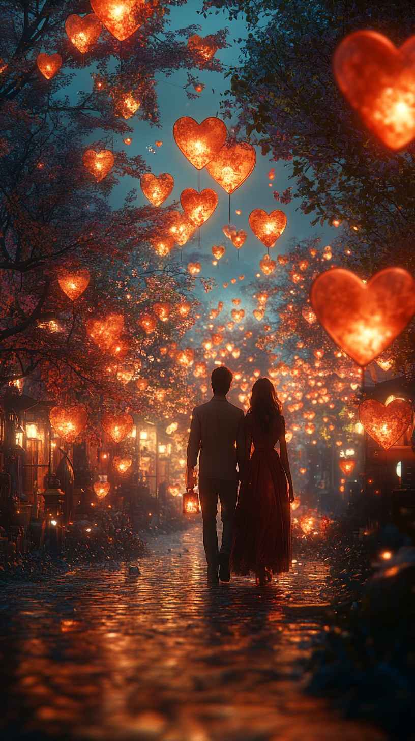 Romantic Heart Lantern Wallpaper: Couple Walking Night Scene