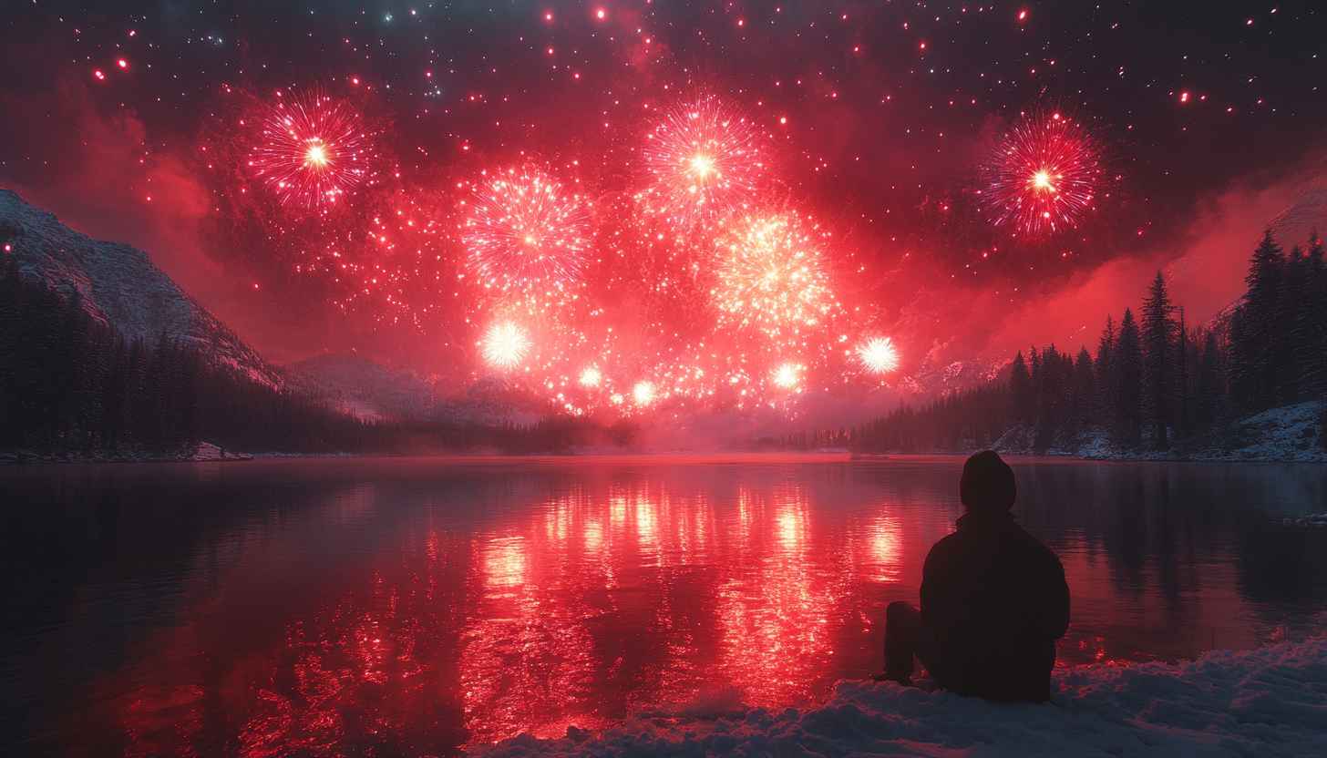 Red Fireworks Lake Wallpaper: Winter Night Scene Laptop Background