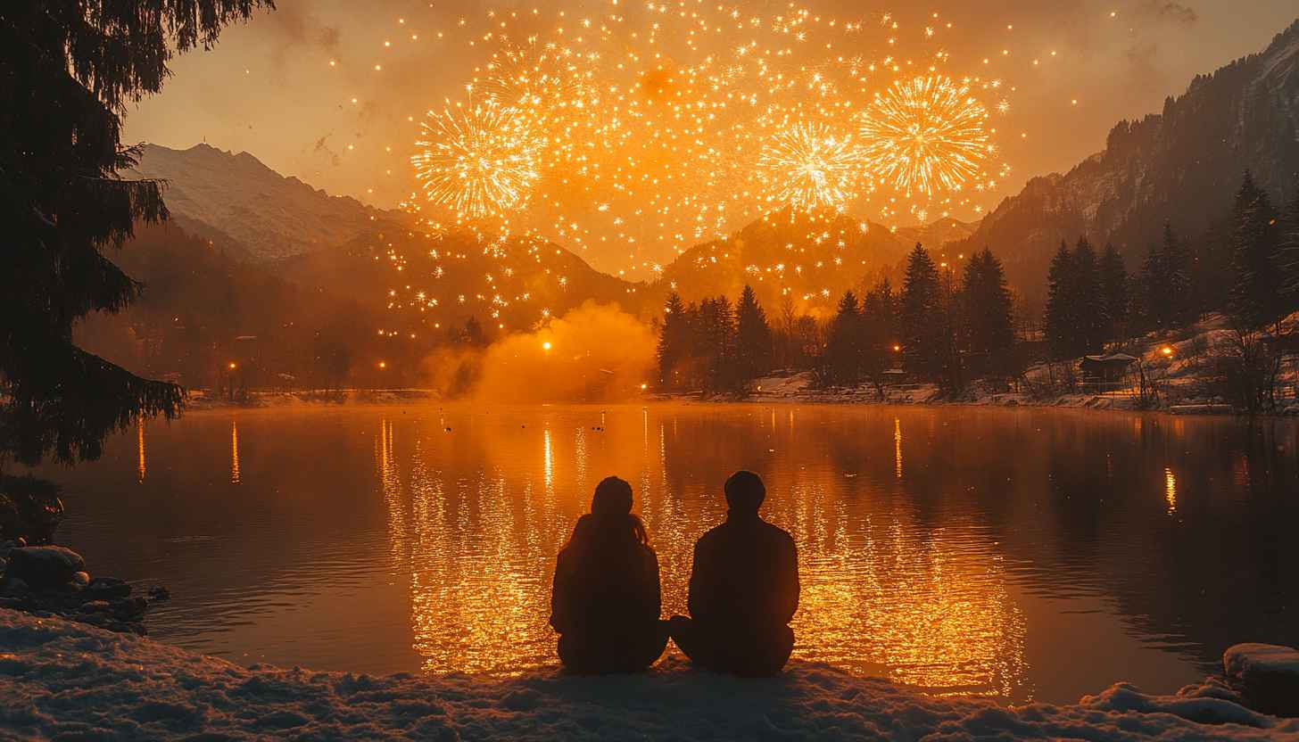 Romantic New Year's Eve Fireworks Lake Wallpaper