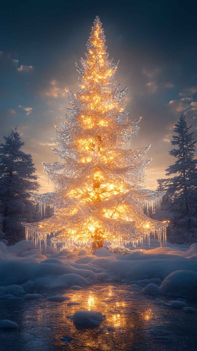 Glowing Icy Christmas Tree 8K Wallpaper: Winter Holiday Mobile Background
