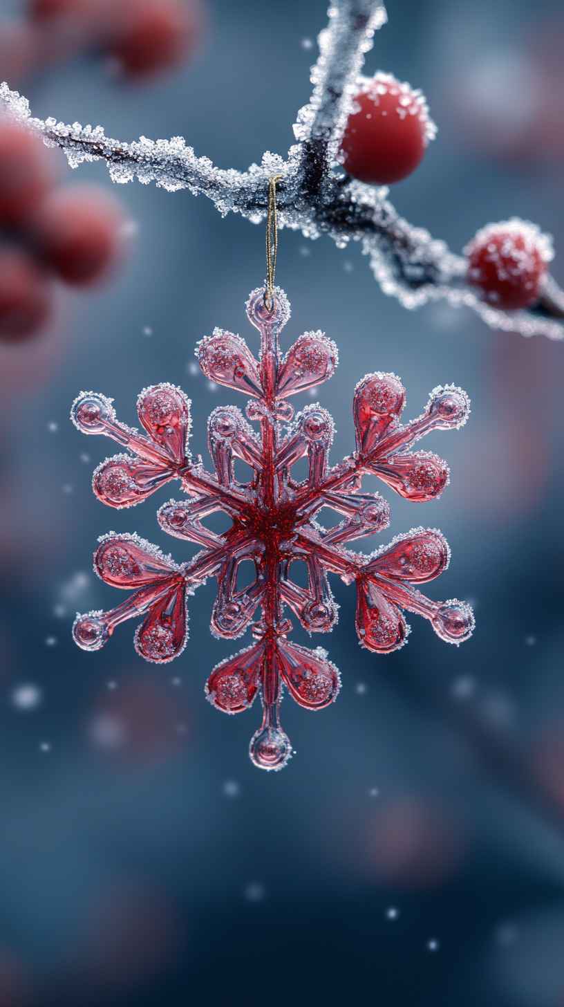 8K Red Snowflake Christmas Ornament Mobile Wallpaper: Winter Holiday Background