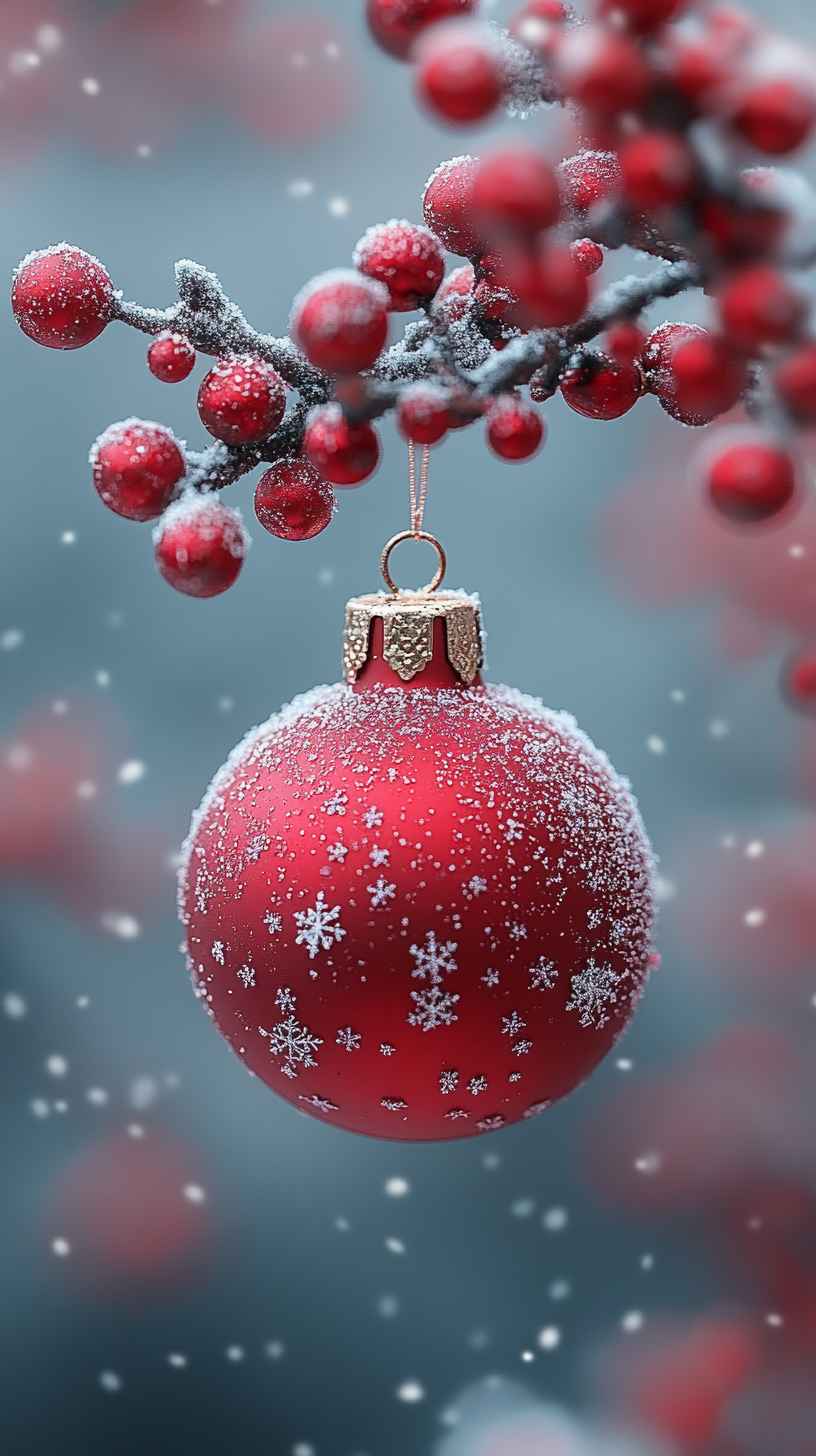 8K Red Christmas Ornament Wallpaper: Snow, Holly Berries, iPhone Background