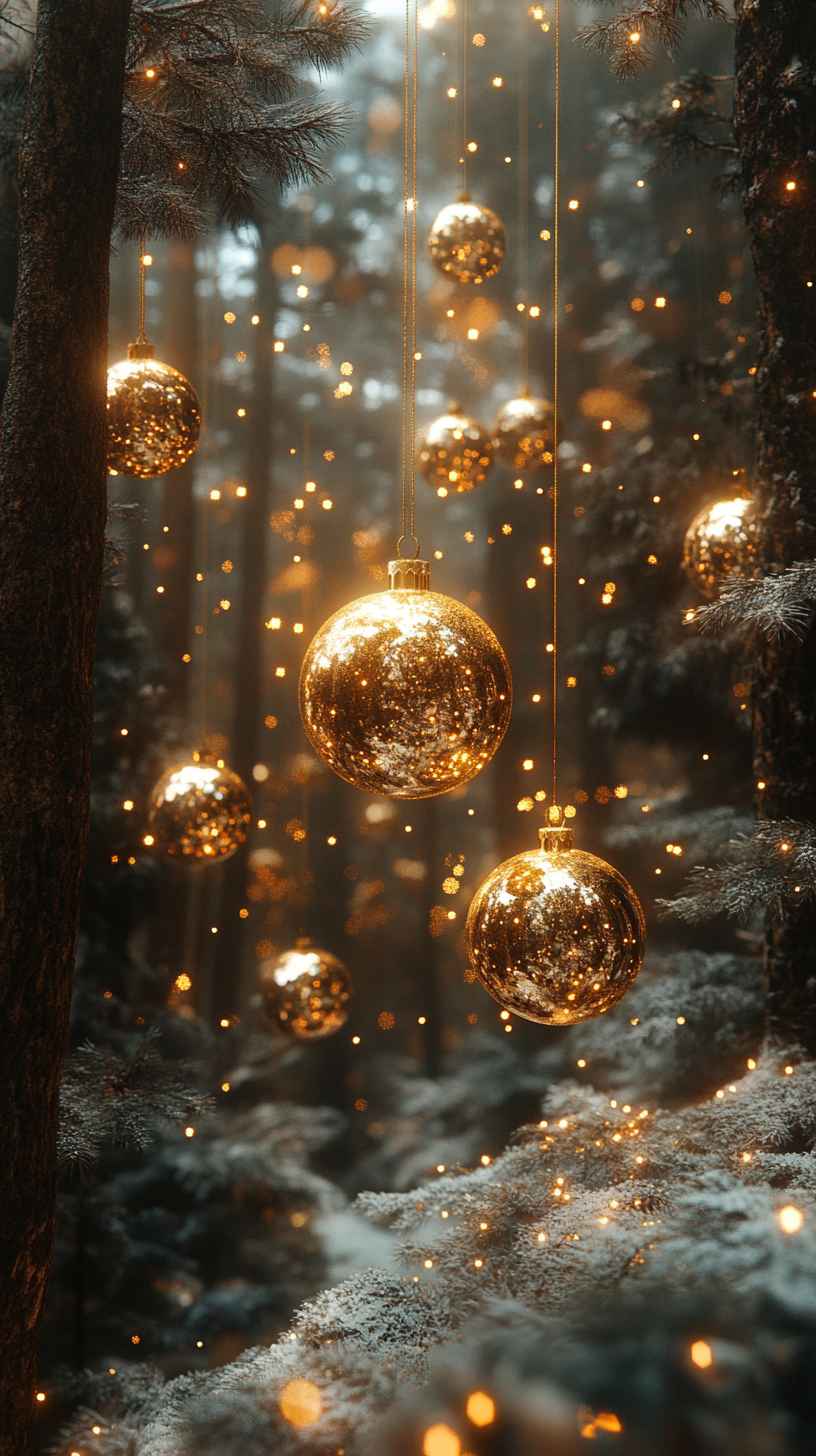 8K Golden Christmas Ornament Mobile Wallpaper: Winter Wonderland