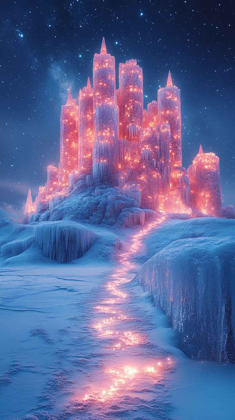 8K Icy Castle Mobile Wallpaper: Pink Lights, Winter Wonderland iPhone Background