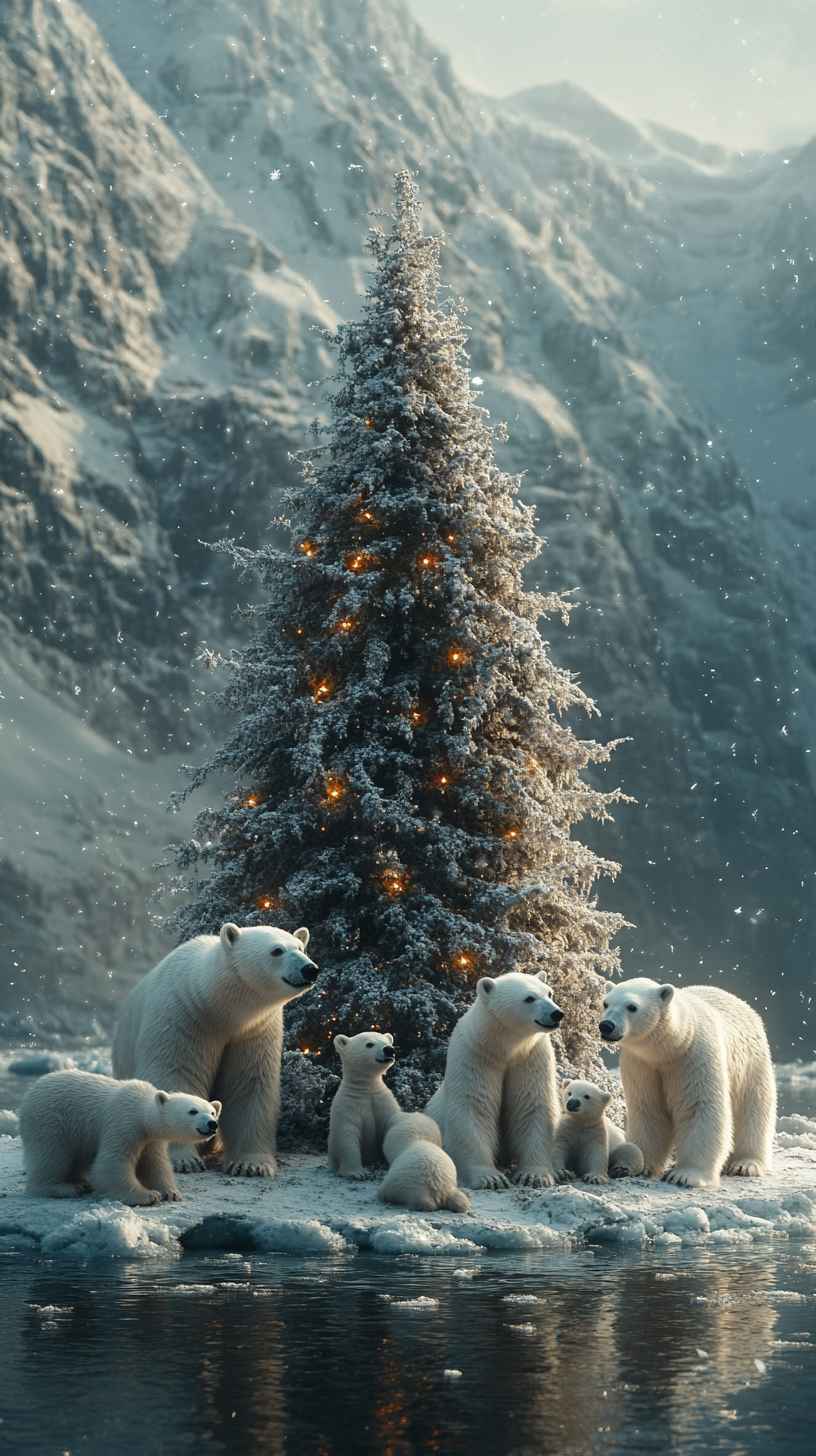 8K Polar Bear Christmas Tree Mobile Wallpaper: Festive Winter iPhone Background