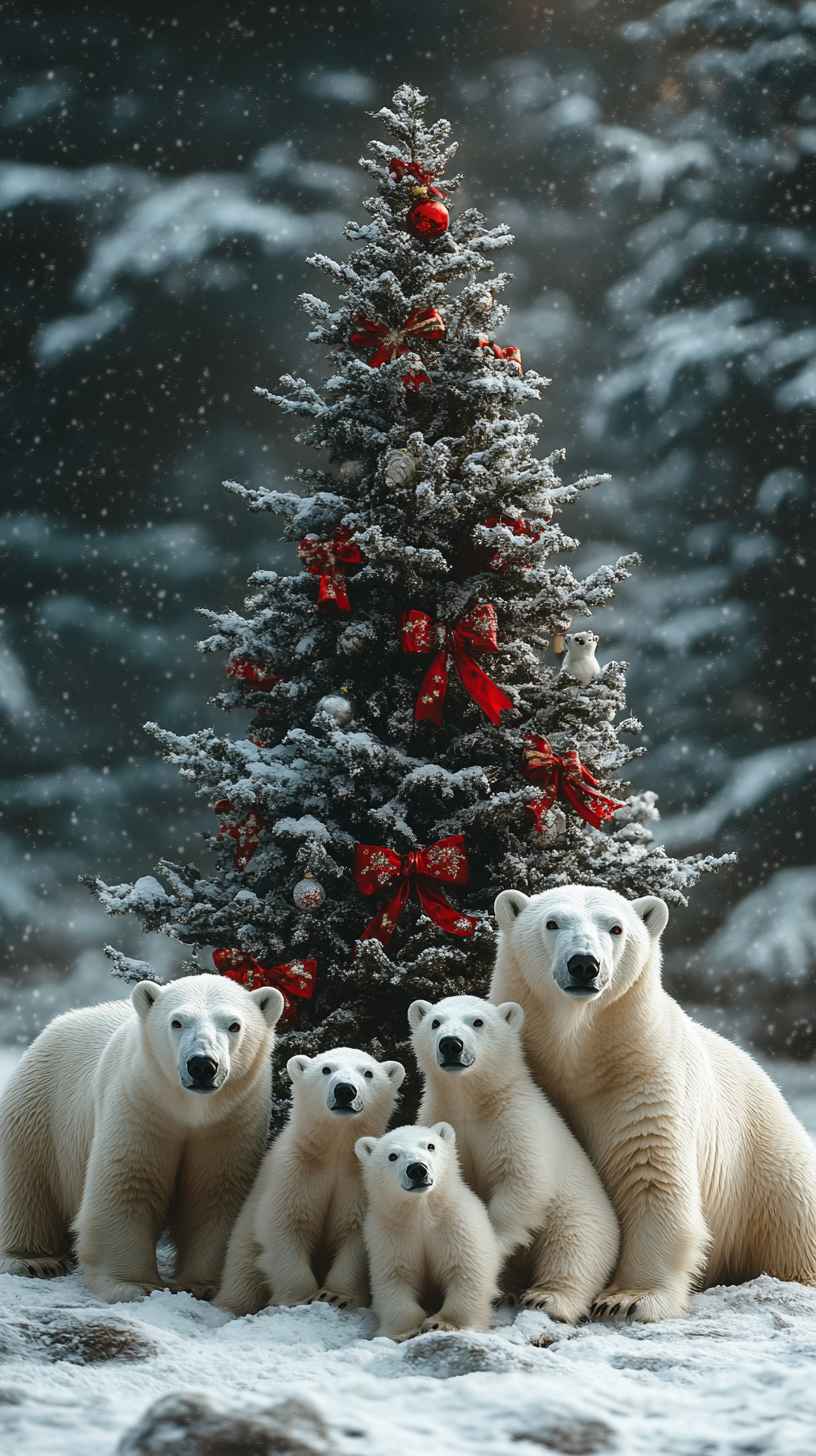 Polar Bear Family Christmas Tree 8K Mobile Wallpaper