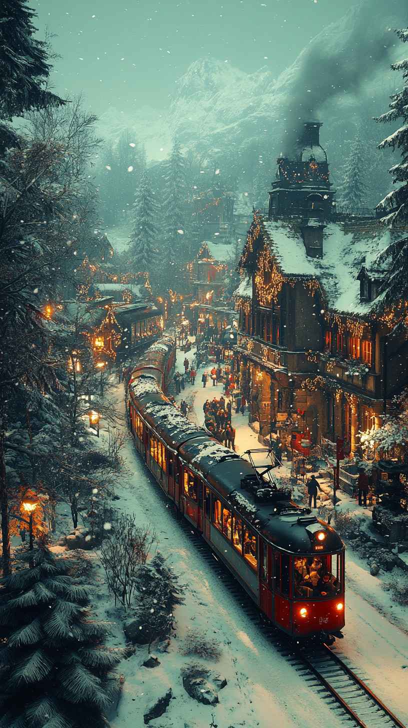 8K Winter Village Train Mobile Wallpaper: Snowy Christmas Eve iPhone Background