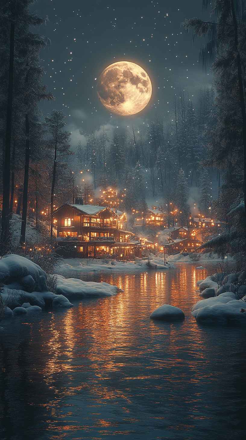8K Winter Village Mobile Wallpaper: Full Moon, Snow, iPhone Background