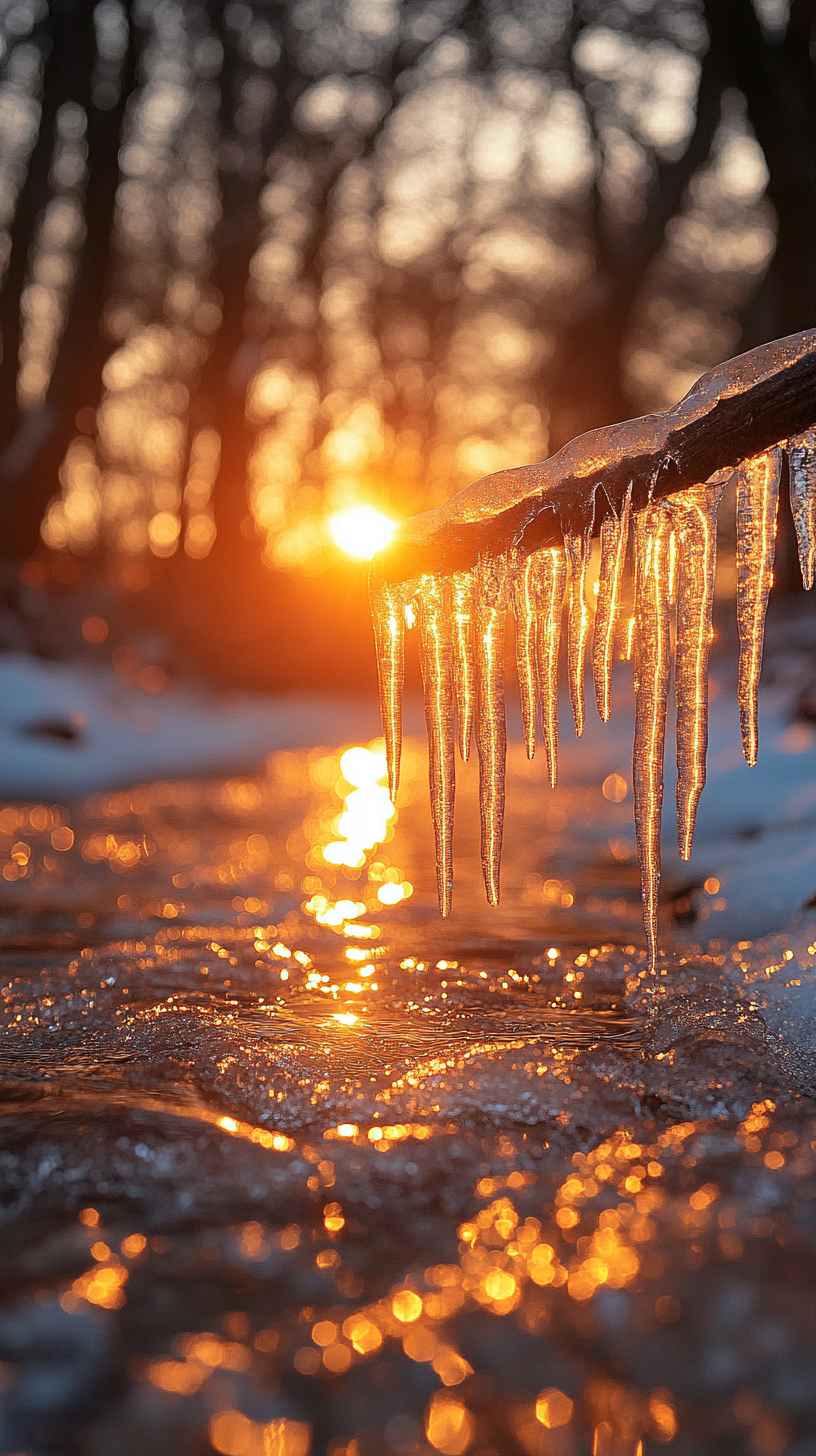 8K Golden Sunset Icicles: Mobile & iPhone Wallpaper