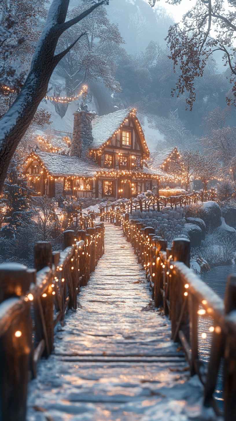 8K Winter Wonderland Cottage Mobile Wallpaper: Festive iPhone Background